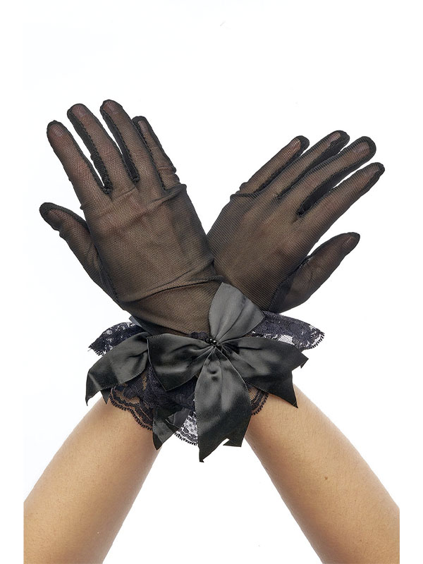 Перчатки трикотажные, декорированные кружевом и бантом, размер 6-8, длина 26 см. (Цв: Черный)